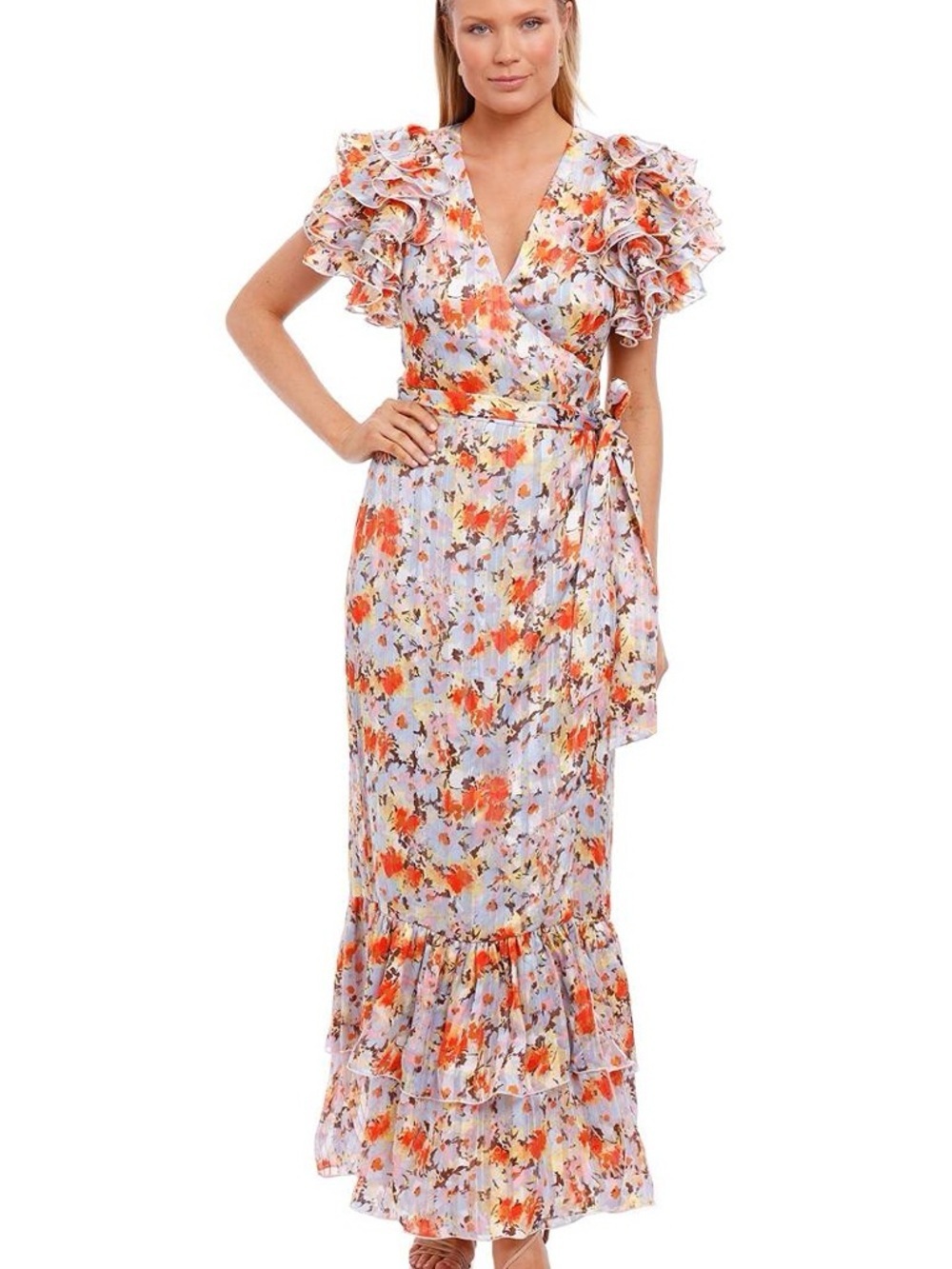 Elliatt Dorrigo Ruffle Maxi Dress S Blue Print V-Neck Tiered Dress 25251